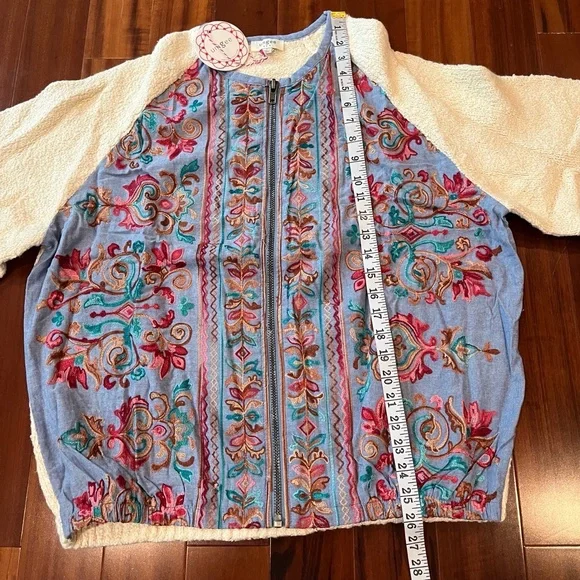 New NWT Umgee Blue Teddy Jacket‎ Bomber Embroidered Boho Sweater Knit Size Large - Picture 6 of 8
